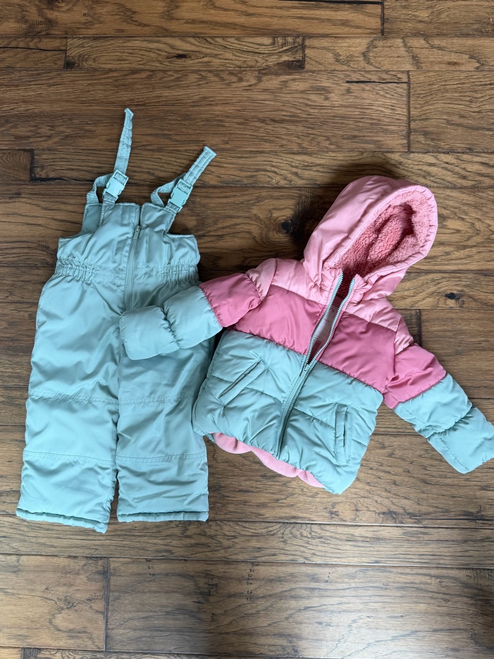 Toddler Two-Tone Pink and Light Green Puffer Jacket with Matching Snow Bibs